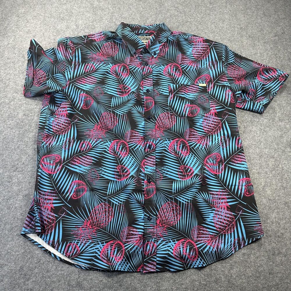 RSVLTS Shirt Mens 2XL Black Neon Palm Pineapple Print Short Sleeve Button Up